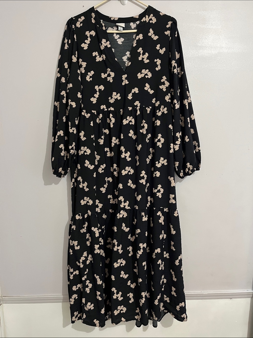 a new day Black Dress with Cream Print women’s xl high pockets long sleeve